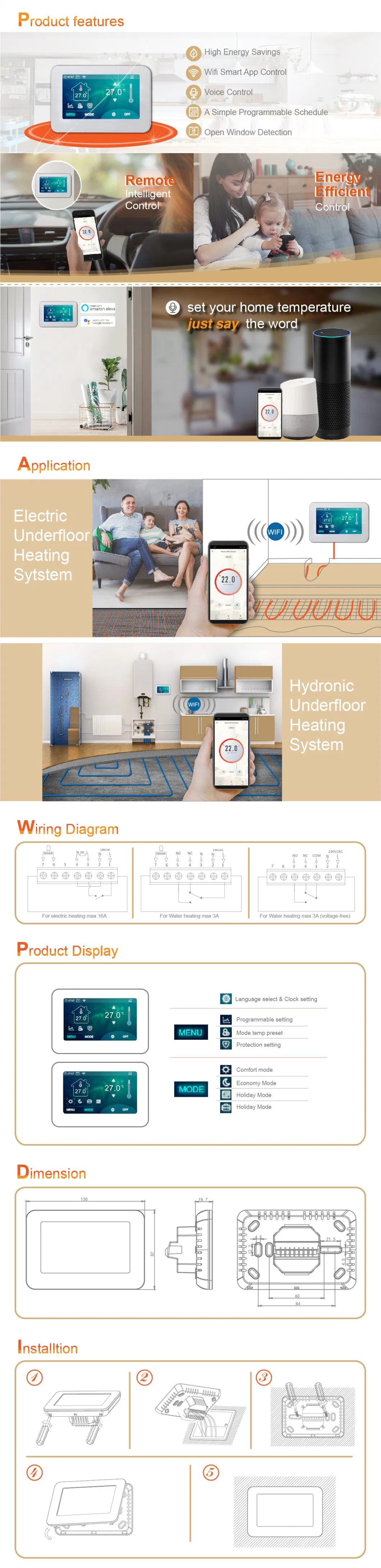 WiFi Smart Thermostat Floor Heating Electric Wall Heater Digital Heat Controller Alexa Smart Home WiFi 110 - 223V 16A 3A